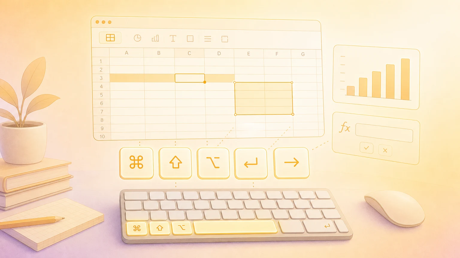 Illustration of a Mac spreadsheet workspace with glowing keyboard shortcut keys