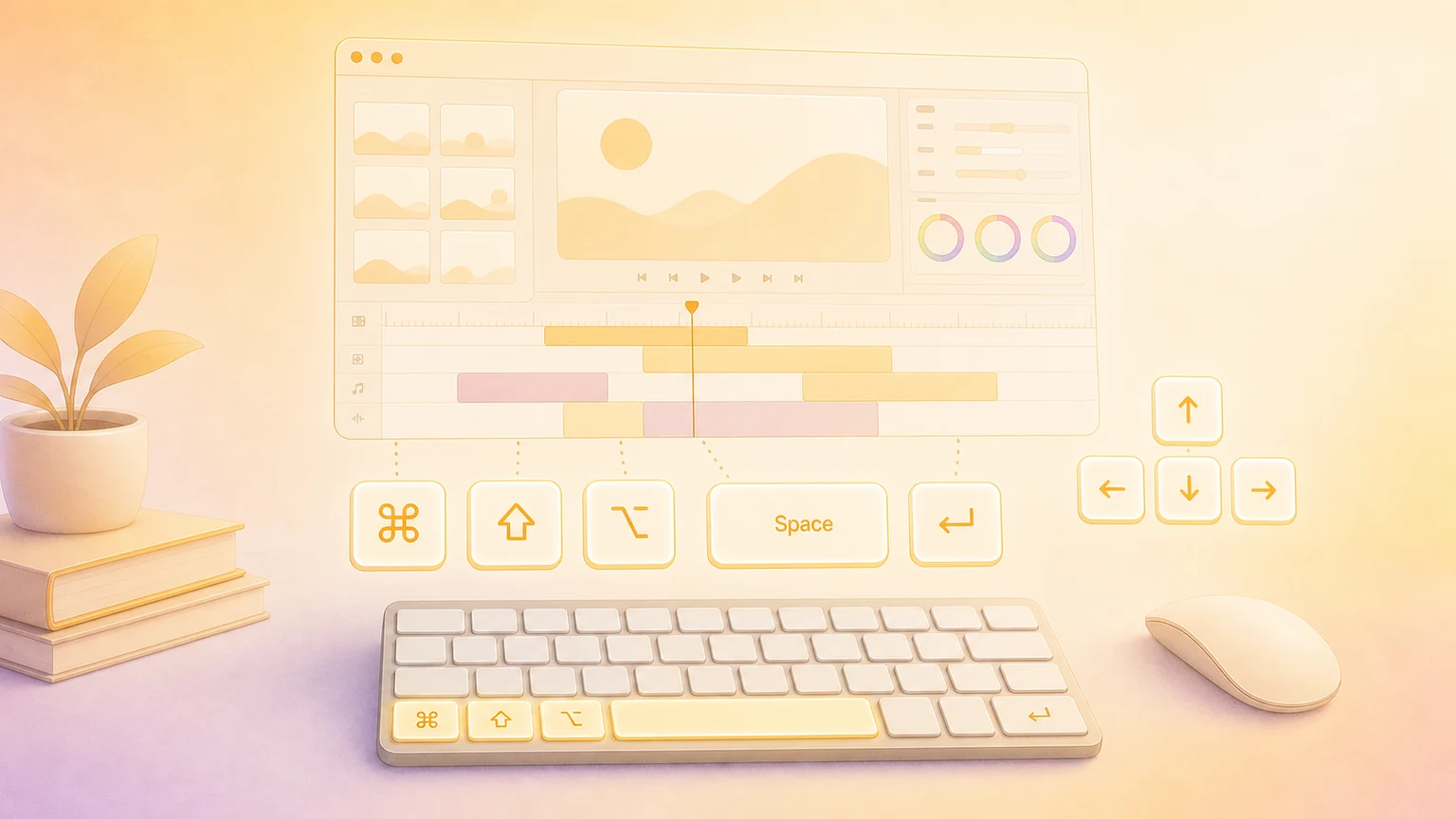 Illustration of a DaVinci Resolve-style editing timeline with glowing Mac keyboard shortcut keys
