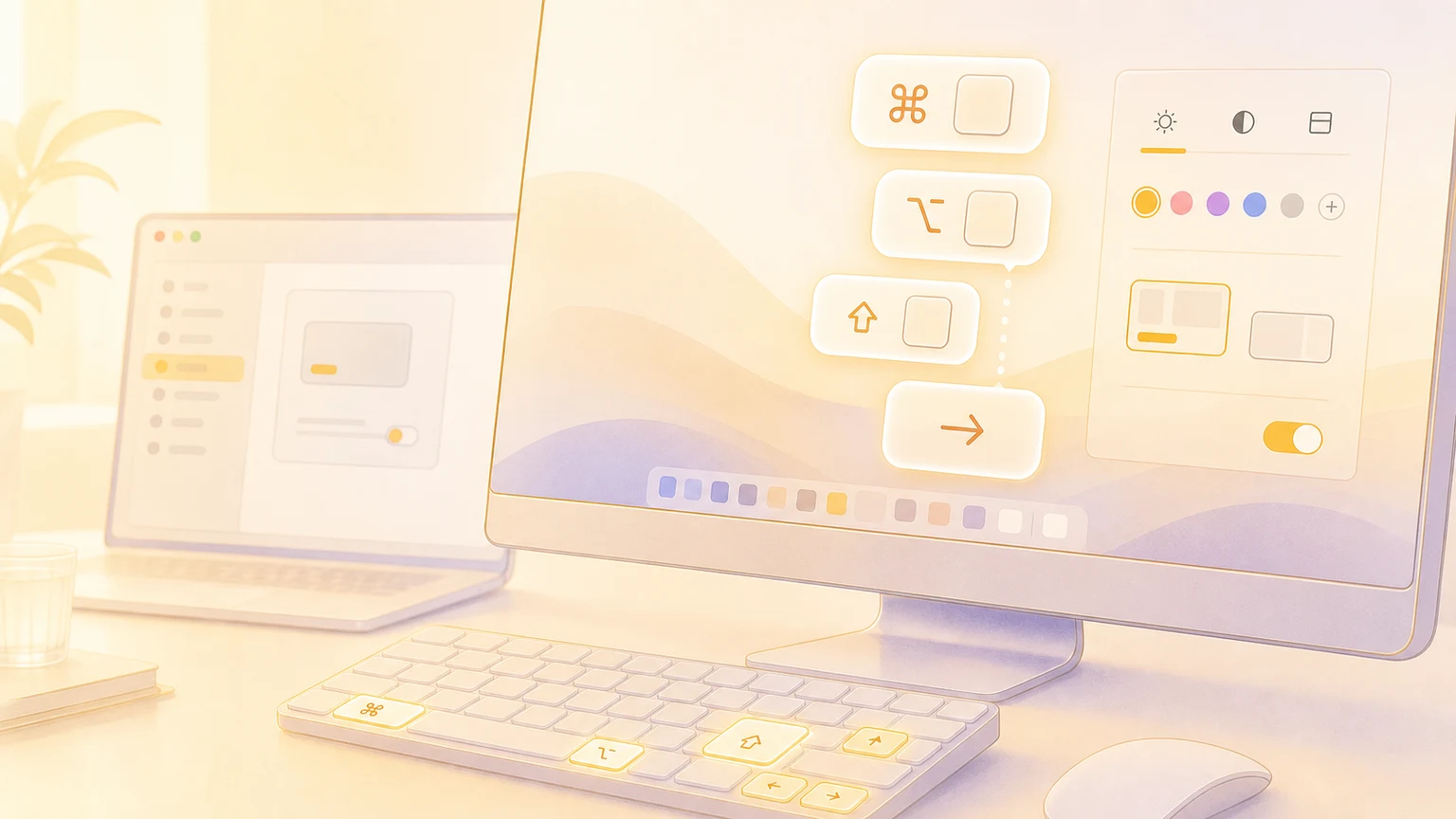 Illustration of KeyScreen keystroke overlays and theme controls on a Mac display