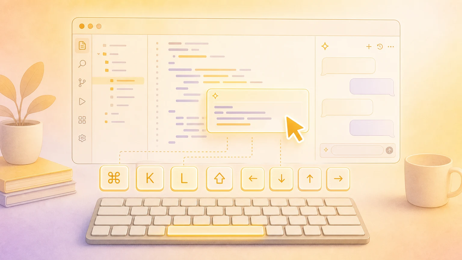 Illustration of an AI-assisted code editor with floating keyboard shortcut keys