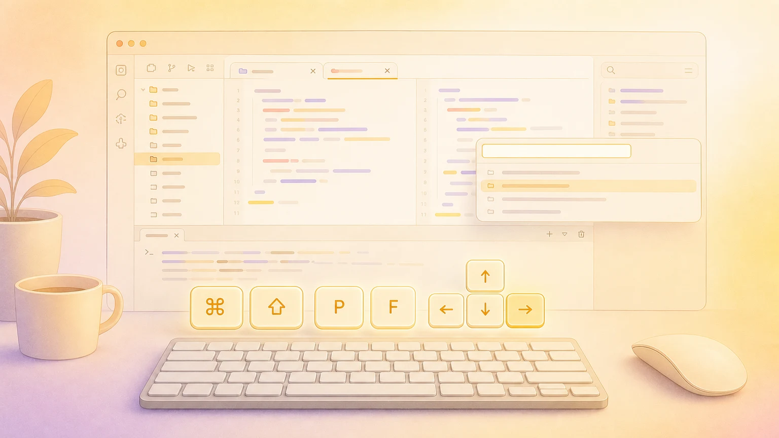 Illustration of a Mac code editor with glowing keyboard shortcut keys