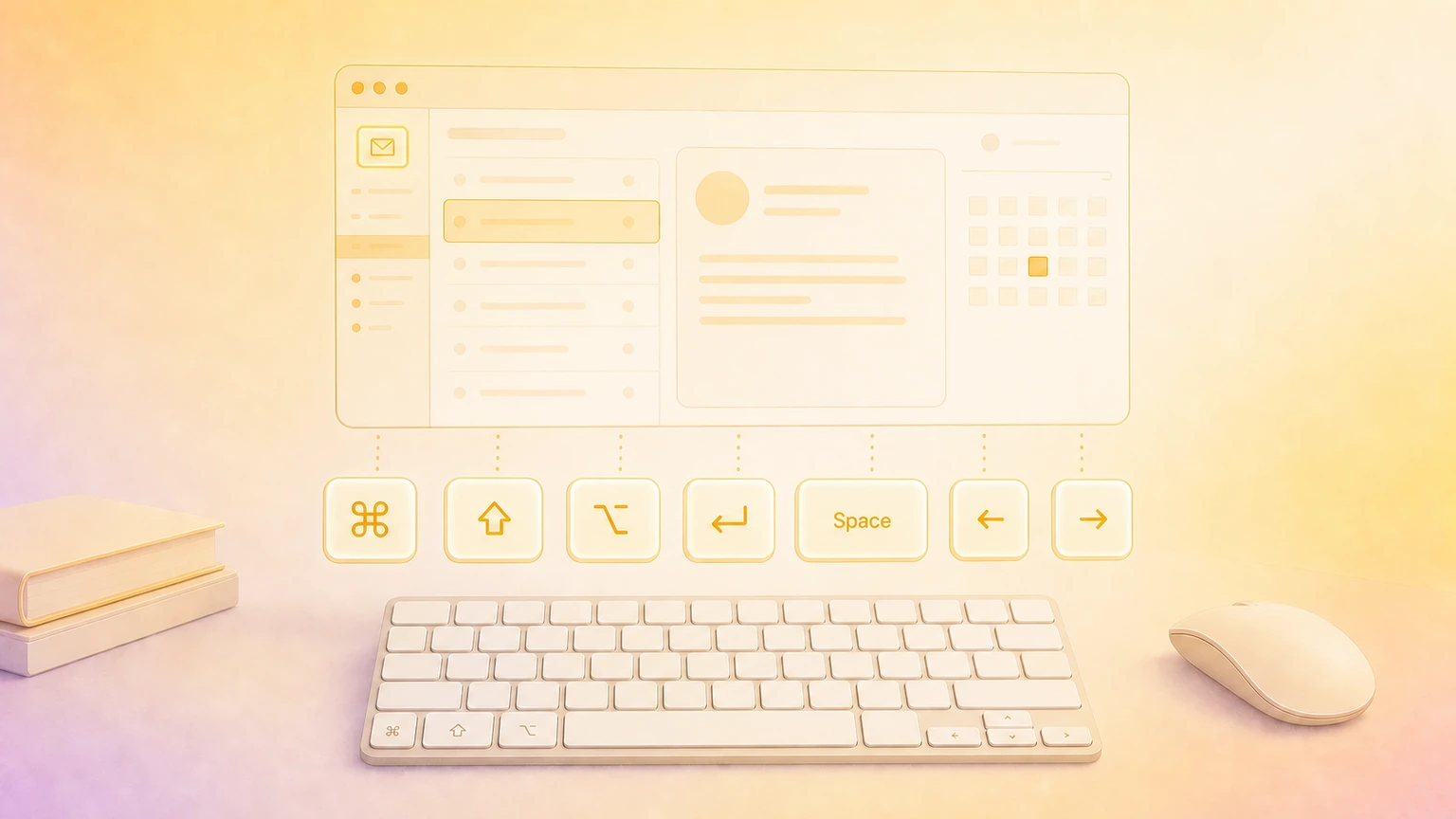 Illustration of a Mac email and calendar workspace with glowing Microsoft Outlook-style keyboard shortcut keys