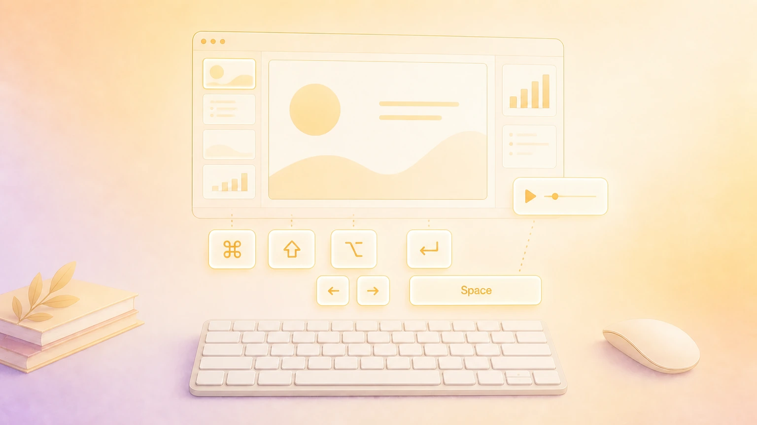 Illustration of a Mac presentation editor with floating keyboard shortcut keys