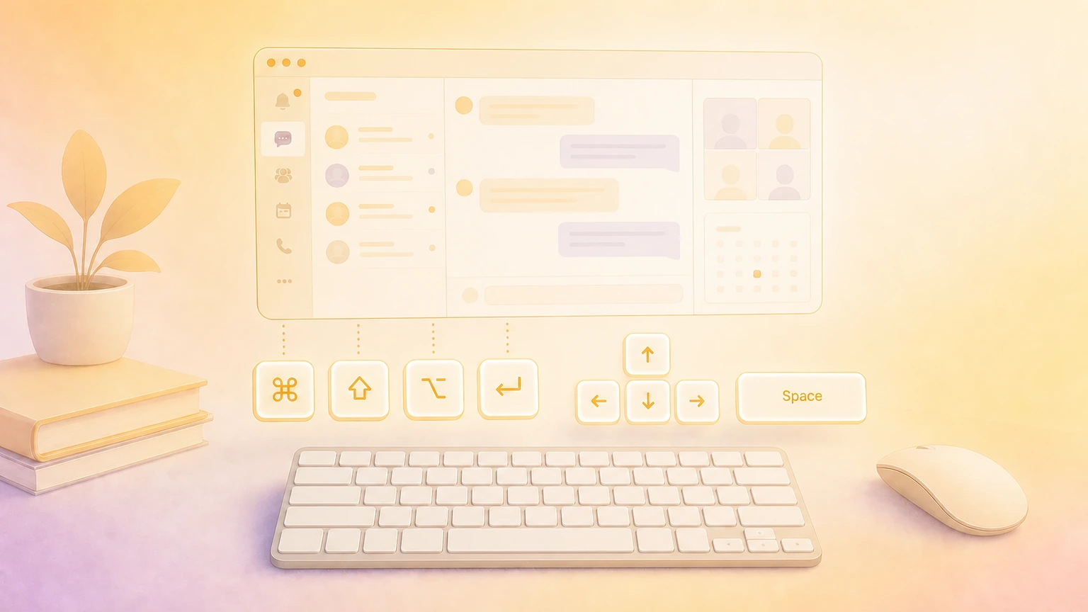 Illustration of a Mac team chat workspace with floating keyboard shortcut keys
