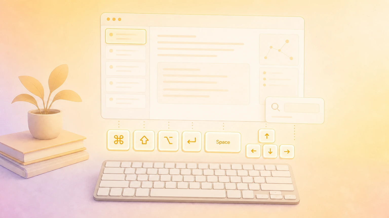 Illustration of a Mac notes workspace with glowing keyboard shortcut keys