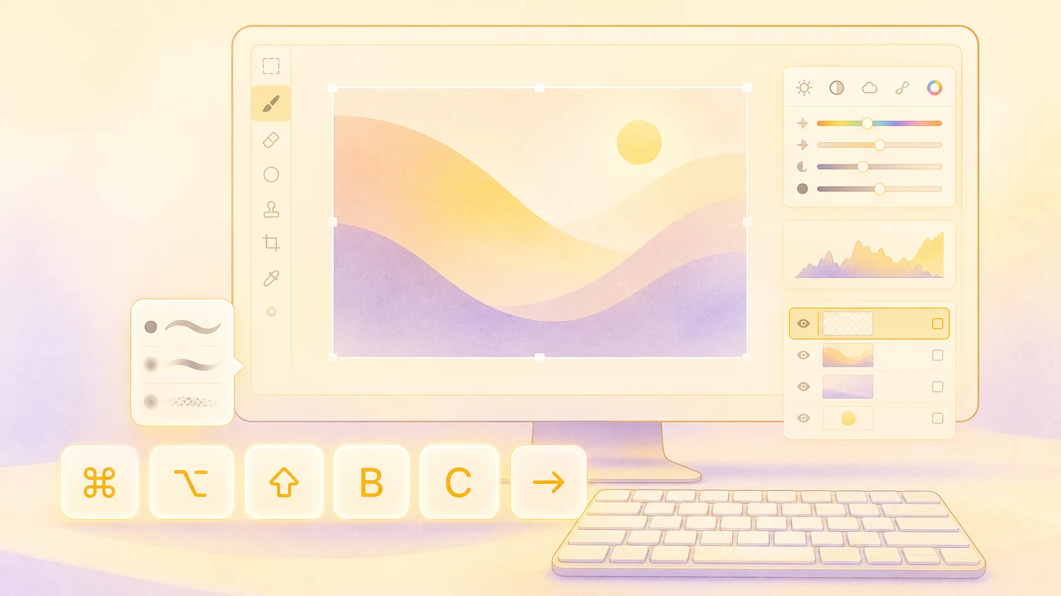 Illustration of a Mac image editing workspace with floating keyboard shortcut keys