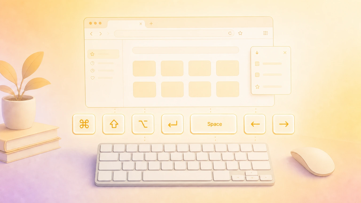 Illustration of a Mac browser workspace with glowing Safari-style keyboard shortcut keys