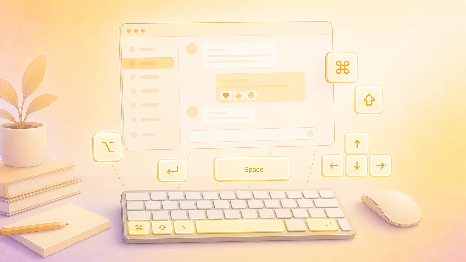 Illustration of a Mac team chat workspace with glowing Slack-style keyboard shortcut keys