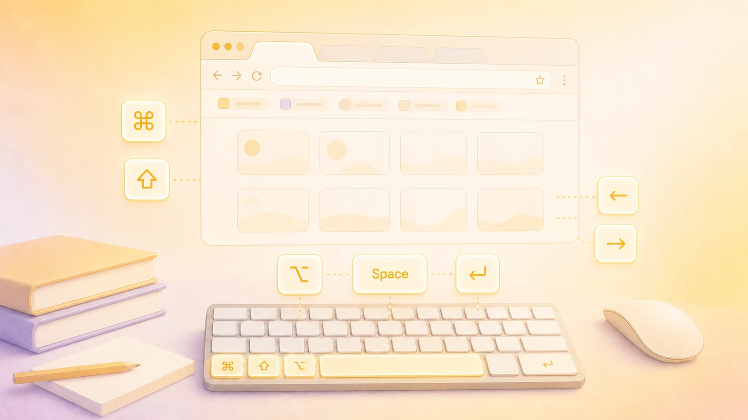 Illustration of a Mac browser workspace with glowing Google Chrome-style keyboard shortcut keys