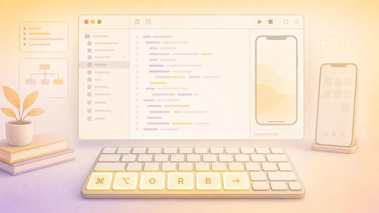 Illustration of a Mac development workspace with glowing keyboard shortcut keys