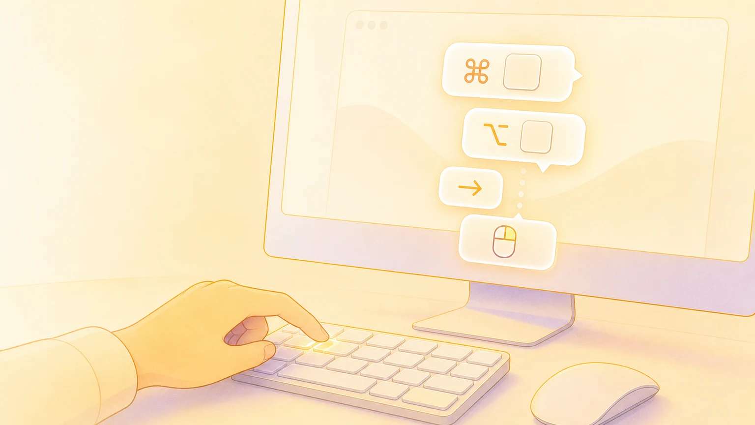 Illustration of KeyScreen showing chat-style key and mouse click bubbles on a Mac display